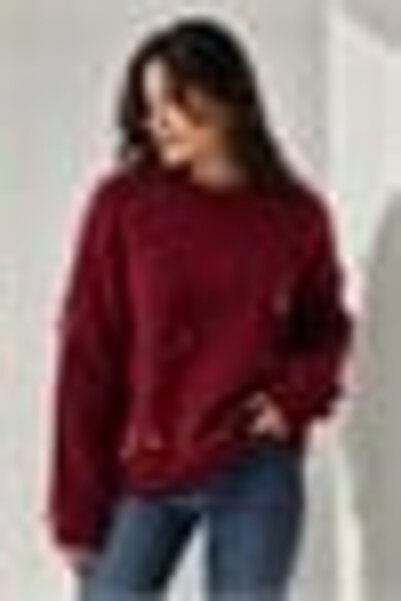 Juuuj Pulover cu mânecă lungă, cu textură moale, de culoare burgundy, cu deco...