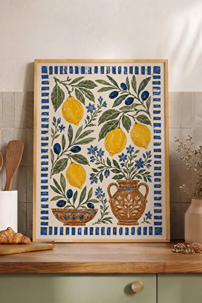 Pena Tablo Akdeniz Limon ve Zeytin Ahşap Çerçeveli Tablo - Sarı Limon ve Mavi...