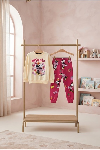jeliboomkidswear Minnie Mouse Baskılı Krem/Kırmızı Desenli Alt Üst Çocuk Eşof...