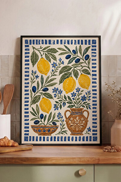 Pena Tablo Akdeniz Limon ve Zeytin Siyah Çerçeveli Tablo - Sarı Limon ve Mavi...