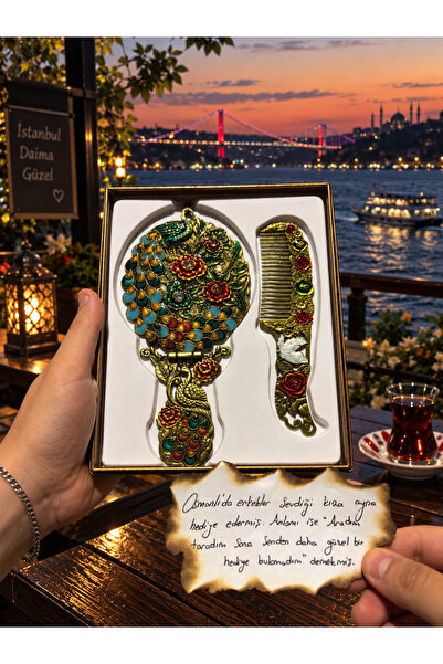 Home Çiçekli Mineli Tavus Kuşu El Aynası ve Tarak Seti Vintage Hediyelik