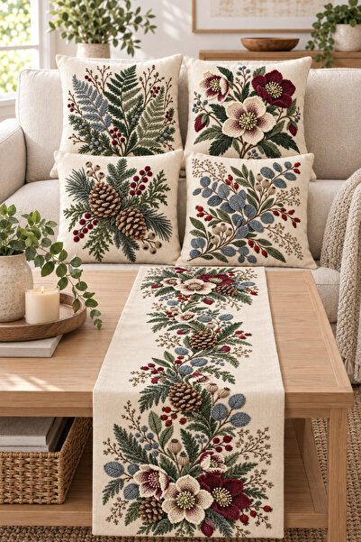 stellahomes Winter Botanical Patterned Embroidery Look 4-Piece Throw Pillow C...