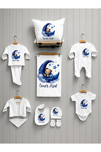 babyqold Kişiye Özel İsimli Erkek Bebek Hastane Çıkışı Ayıcık Ay Yıldız Desen...
