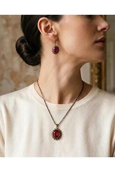 Dorvina Bronze Women's Copper Jewelry Set with Zircon Inlay Red Stone Ottoman...