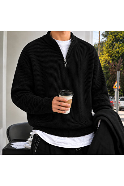 threeoff Men's Half Zippered Thessaloniki Knitwear Sweater High Collar Oversi...