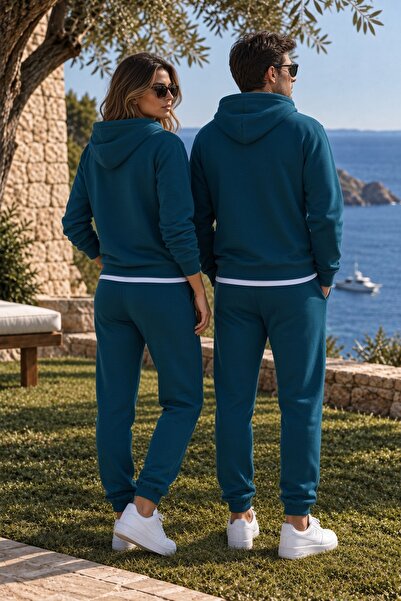 Combineman35 BALANCE Unisex Petrol Mavisi Kapüşonlu Fermuarlı Eşofman Takımı – Premium Çift Kombin