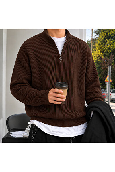 threeoff Men's Half Zippered Thessaloniki Knitwear Sweater High Collar Oversi...