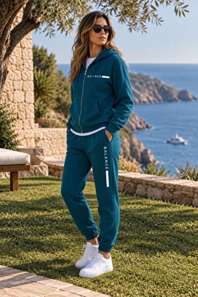 Combineman35 BALANCE Kadın Petrol Mavisi Kapüşonlu Fermuarlı Eşofman Takımı – Jogger Pantolonlu Premium Spor Kombin