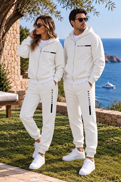 Combineman35 BALANCE Unisex Beyaz Kapüşonlu Fermuarlı Eşofman Takımı – Premium Çift Kombin