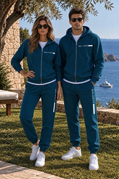 Combineman35 BALANCE Unisex Petrol Mavisi Kapüşonlu Fermuarlı Eşofman Takımı – Premium Çift Kombin