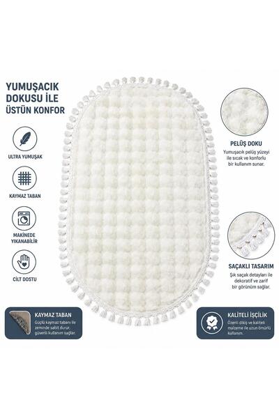 Pelüş Dokulu Saçaklı Kaymaz Taban Halı | Yumuşak Dokulu Makinede Yıkanabilir Dekoratif Halı