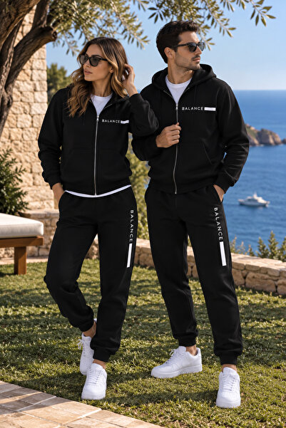 Combineman35 Balance Unisex Black Hooded Zippered Tracksuit Set – Premium Cou...