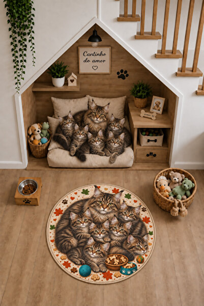 ZNG design home Maine Coon Yuvarlak Kedi Mama Paspası Kaymaz Taban Yıkanabilir Halı Ø 100 cm