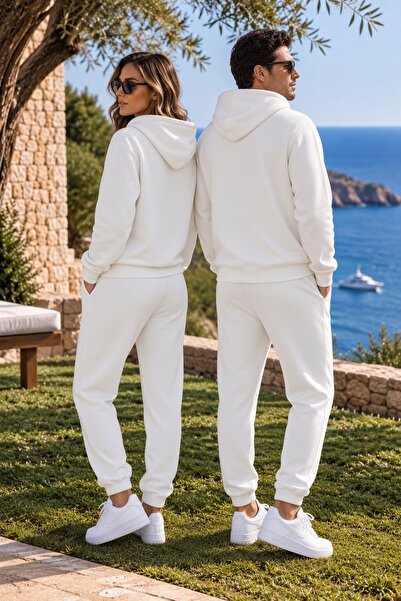 Combineman35 BALANCE Unisex Beyaz Kapüşonlu Fermuarlı Eşofman Takımı – Premium Çift Kombin