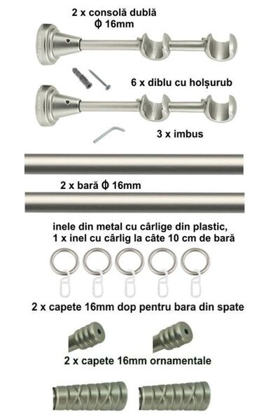 Perdegal Galerie metalica Striat Dubla Clasica16mmx120cm, cu Inele din Metal, Satin Nickel