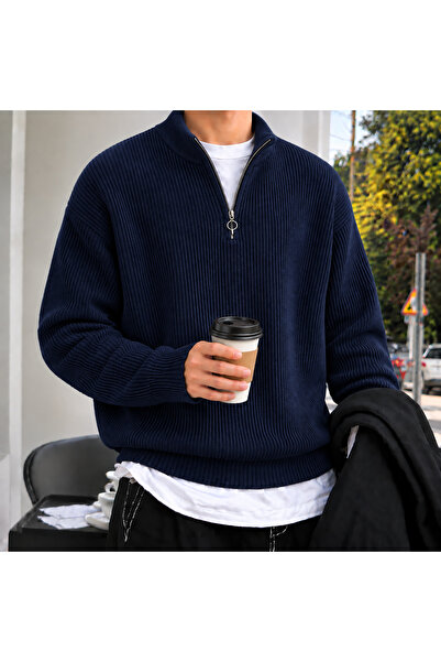 threeoff Men's Half Zippered Thessaloniki Knitwear Sweater High Collar Oversi...