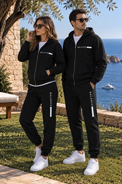 Combineman35 BALANCE Unisex Siyah Kapüşonlu Fermuarlı Eşofman Takımı – Premium Çift Kombin