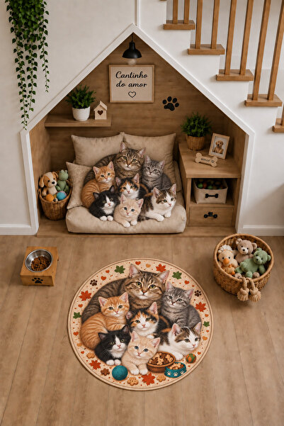 ZNG design home Karışık Renkli Kedi Ailesi Yuvarlak Kedi Mama Paspası Kaymaz ...