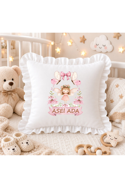 Kişiye Özel İsimli Kız Bebek Yastığı Pembe Peri Kelebek Çiçek Desenli Fırfırlı Dekoratif Bebek Odası Yastığı