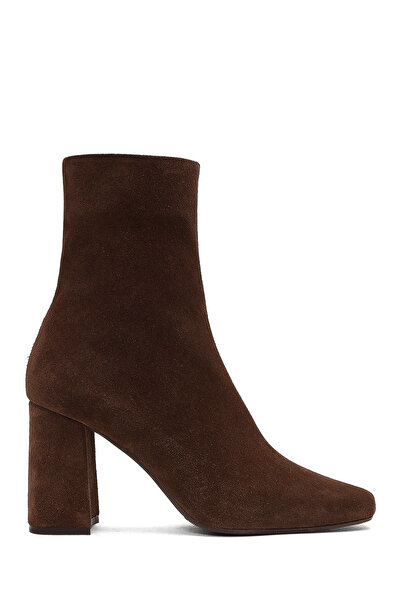 Derimod Women's Brown Zippered Thick Heeled Suede Leather Boots Af200001Ds