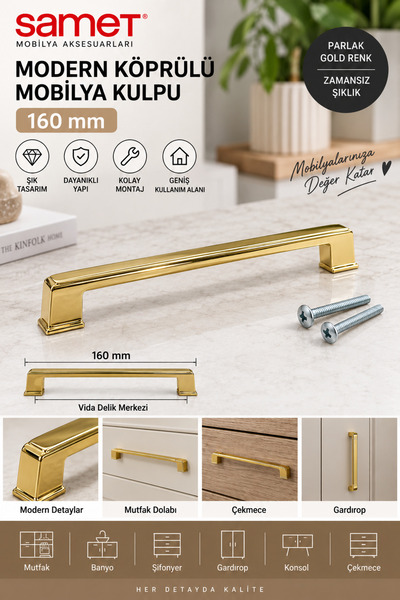 Modern Köşeli Mobilya Kulpu 160 mm – Parlak Altın