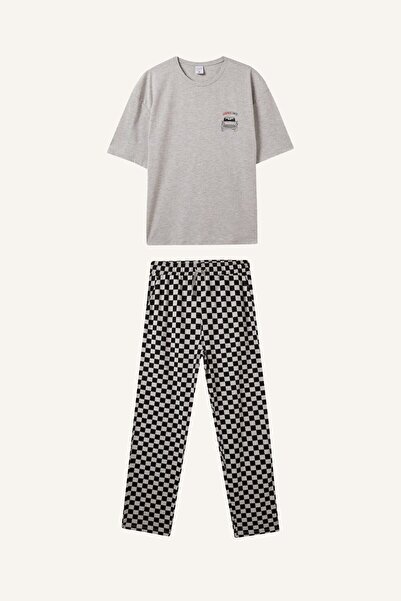 DeFacto Boxy Fit Short Sleeve Printed Top Checkered Pattern Bottom 2-Piece Pa...