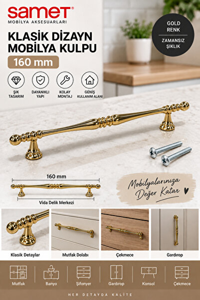 SAMET Klasik İşlemeli Mobilya Kulpu 160 mm – Parlak Altın