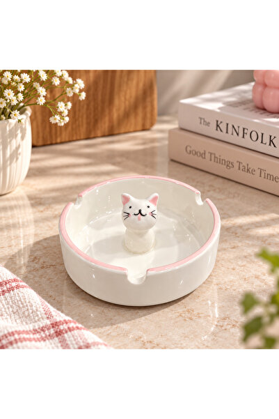 Çağ Seramik Pink Cat Ceramic Ashtray – Handmade Decorative Ashtray with Cat F...