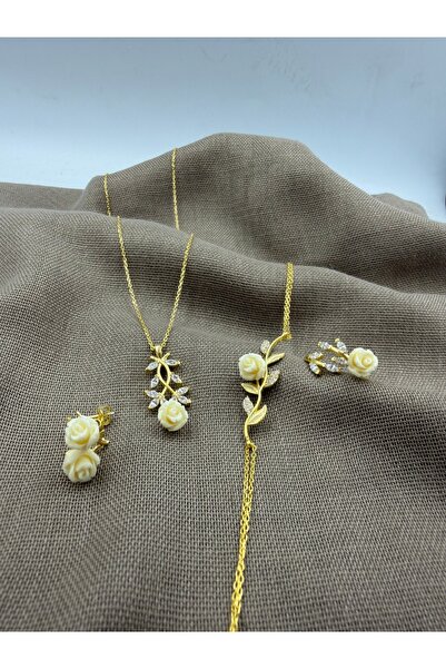 SURA SILVER BEYAZ GÜL MODEL 925 AYAR GOLD GÜMÜŞ SET (KOLYE,BİLEKLİK,KÜPE VE A...