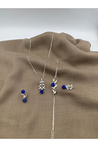 SURA SILVER LACİVERT GÜL MODEL 925 AYAR RODYUM GÜMÜŞ SET (KOLYE,BİLEKLİK,KÜPE...