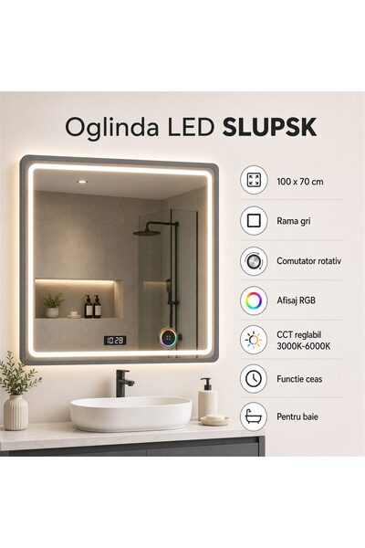 Flippy Oglinda LED SLUPSK, 100x70cm, Gri, Comutator rotativ inteligent cu afi...