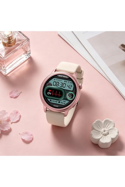 RollsTimi Pink gold round ladies smart watch, fashion silicone strap, heart rate, sleep and exercise tracking, message reminder, gift watch for women
