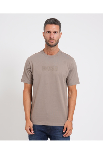 BOSS Erkek Regular Fit Yuvarlak Yakalı Pamuklu Kısa Kollu Bej T-Shirt