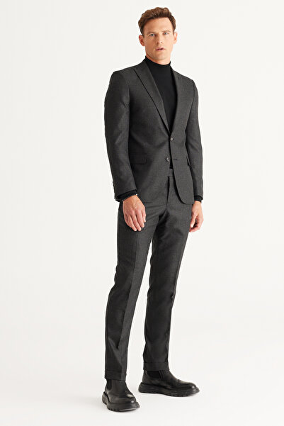 AC&Co / Altınyıldız Classics Erkek Siyah-Gri Slim Fit Dar Kesim Kırlangıç Yaka Desenli Takım Elbise
