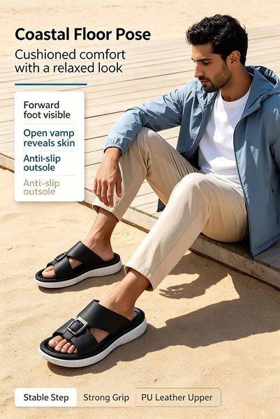 SaudEva Foot Premium Smooth Leather-Look Slides with Metal Buckle Detail