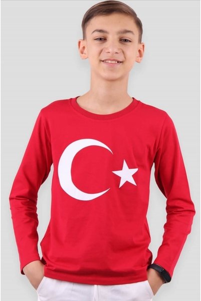 NACAR STYLİSH 23 Nisan Ay Yıldızlı Uzun Kollu Kırmızı Penye Tişort Okul Göste...