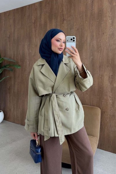 Hazamoda Styl Buttoned Half Trench Mint
