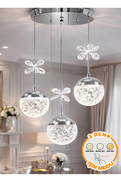 Mon Chevalon 3 Renk Işıklı Led Avize Üçlü Sarkıt Salon Oturma Odası Mutfak Av...