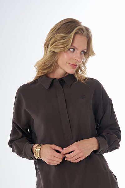 Kayra Yarım Pat Basic Blouse Brown
