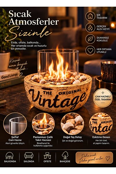 Technow Home-300C Cam Hazneli Vintage Eskitme Desen El Yapımı Masa Şöminesi Ateş Çukuru(500ML Bioeth