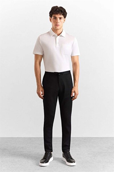 SÜVARİ Siyah Slim Düz Twill Yarım Lastikli Jogger Pantolon