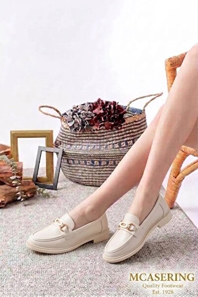 MCASERING Günlük Kadın / Kız OXFORD Kolej Loafer Ayakkabı Bej G Tokalı