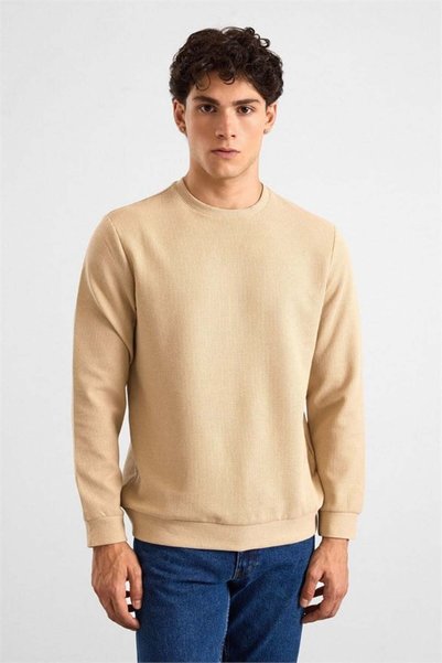 SÜVARİ Bej Regular Melanjlı Baskısız Waffle Bisiklet Yaka Cepsiz Düz Sweatshirt