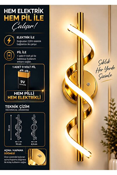 Hem Pilli - Hem Elektrikli Duvar Apliği + Aç-Kapa Anahtarlı