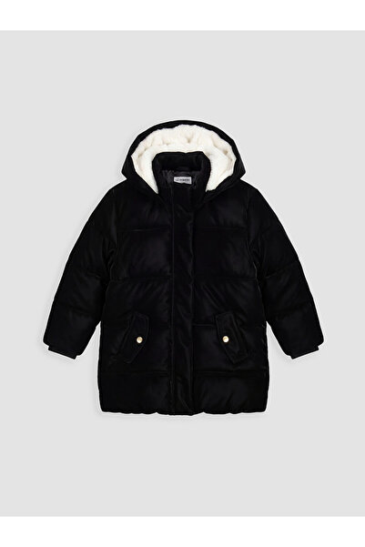LC Waikiki Girls' Velvet Coat with Fur Hood
