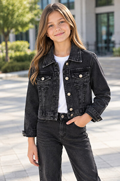 Yalçınoğlu Kids Kız Çocuk Kot Ceket Arkası Baskılı Jean Ceket Denim Ceket Gün...