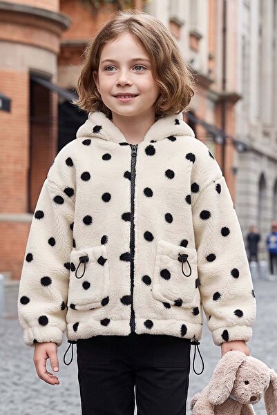Fulla Moda Polka Dot Hooded Plush Coat for Girls with Stopper