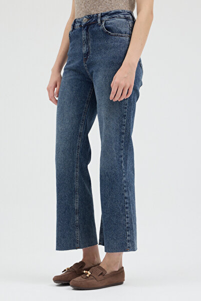 martedi Mavi Yüksek Bel Straight Fit Kesik Paça Jean Kot Pantolon