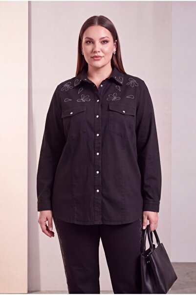 RMG Stone Detailed Plus Size Cotton Shirt Black