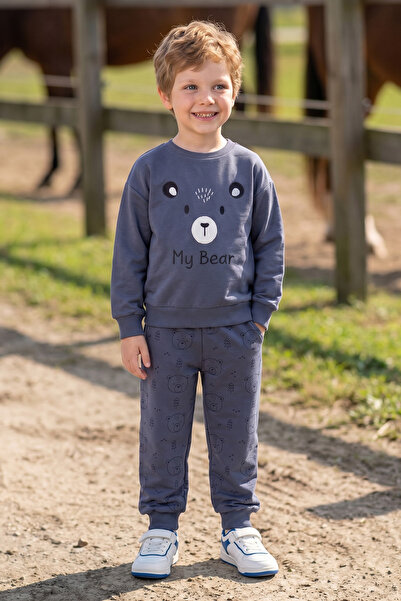 Fulla Moda Teddy Bear Embroidered Crew Neck Boys' 2-Piece Set